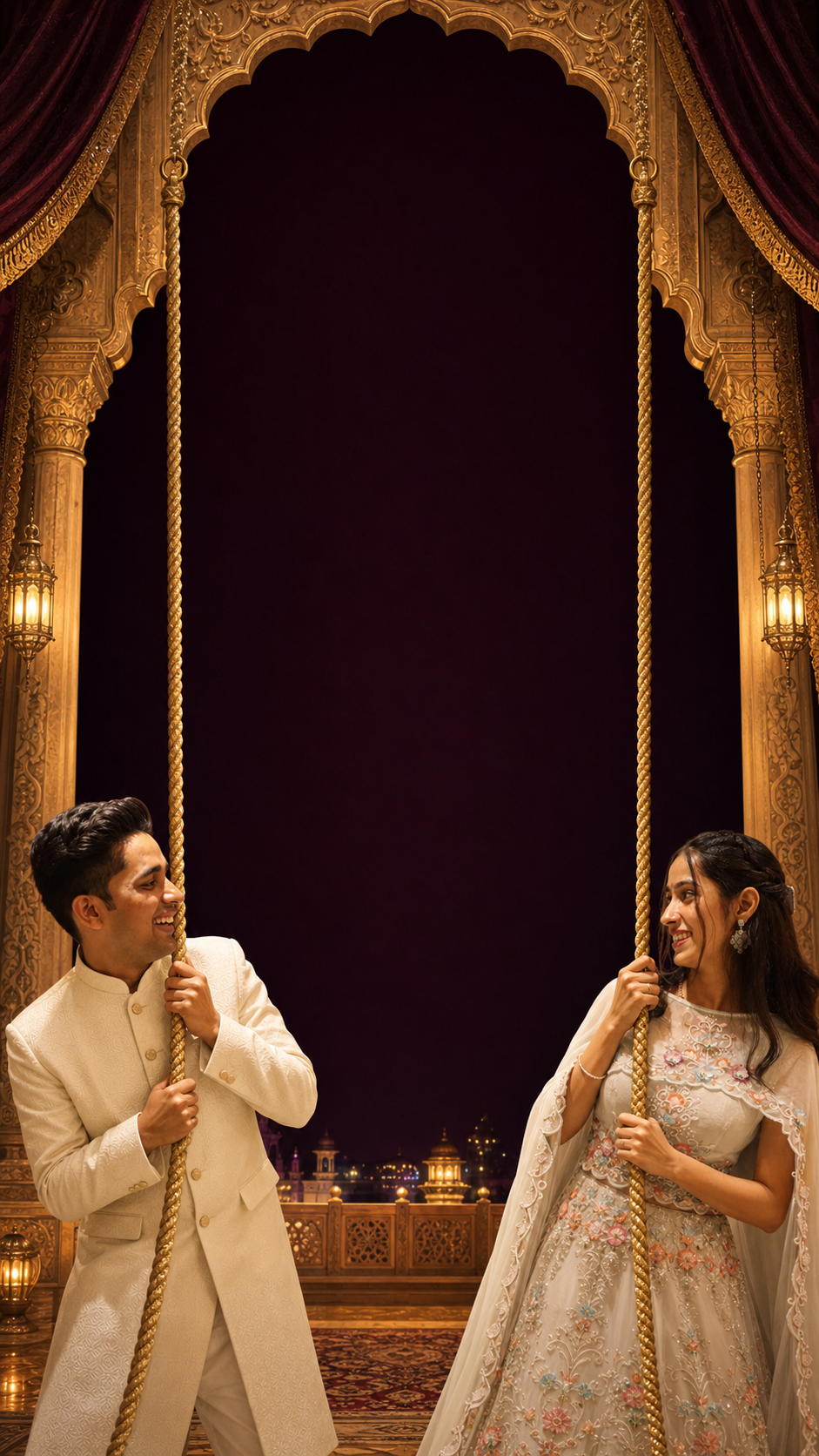 Rishab and Nidhi pulling golden ropes beside an ornate wedding invitation